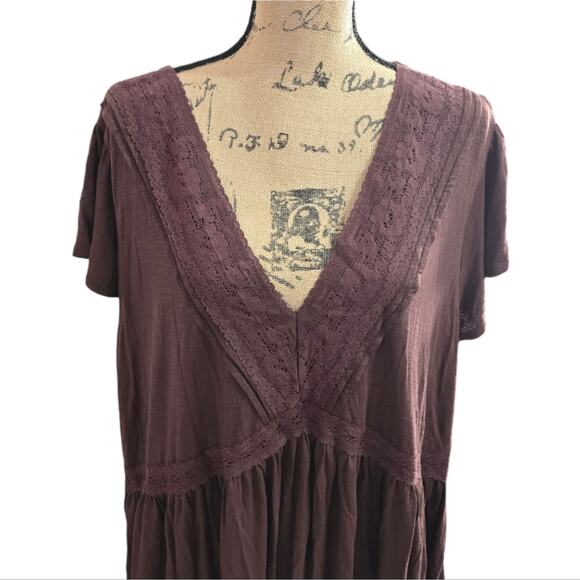 Torrid Chocolate Brown Knit V-Neck Lace Inset Babydoll Top Shirt Plus Size 3 3X - Picture 5 of 12